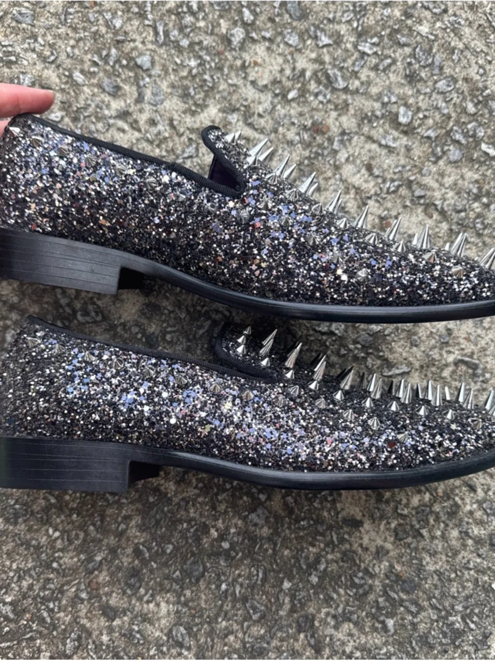 After Minute Black Spikes Slip-On Smoking‎ Men's Prom Dress Shoes Sz 7 Glitter